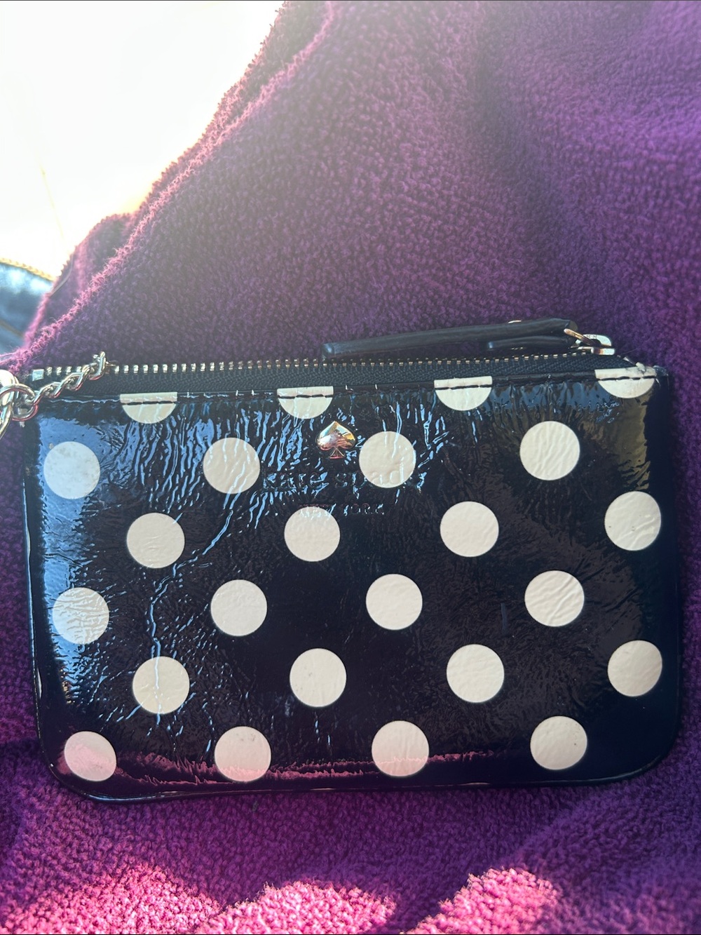 kate spade Black and White Polka Dot Patent Wristlet with Chain Strap